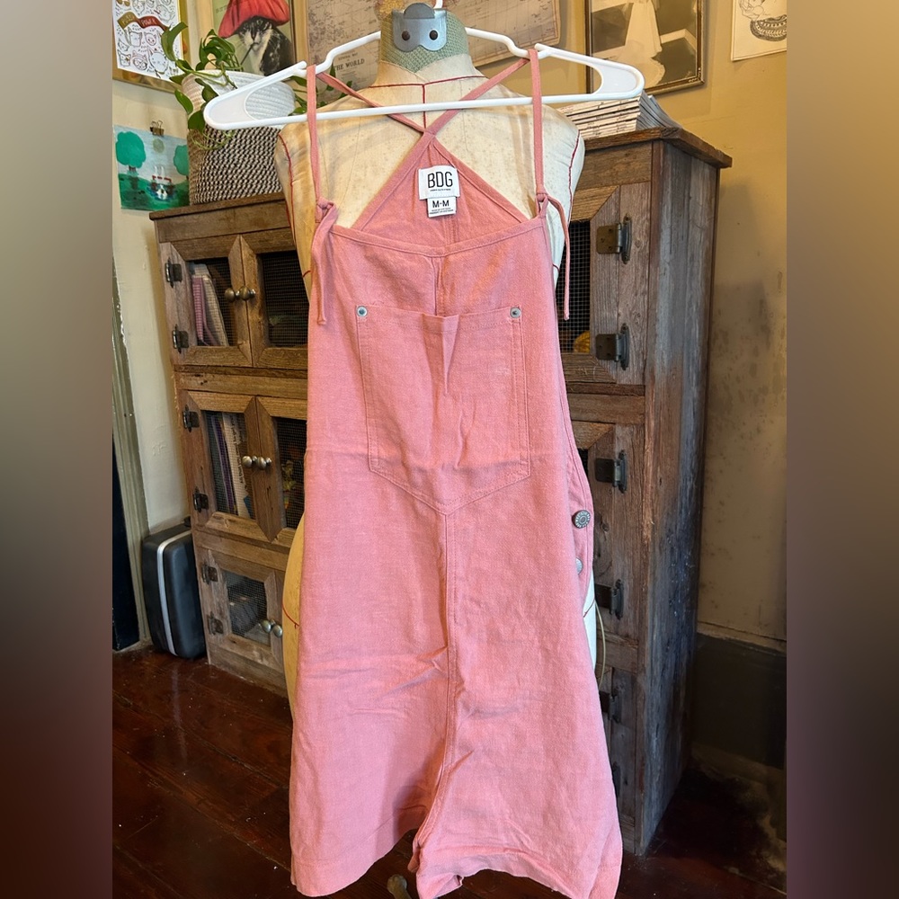 BDG coral spaghetti strap short-alls with side buttons and front pocket